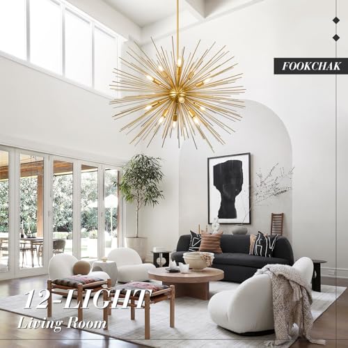 35in Gold Sputnik Chandelier 12 Light Starburst Light Fixture Solid Metal