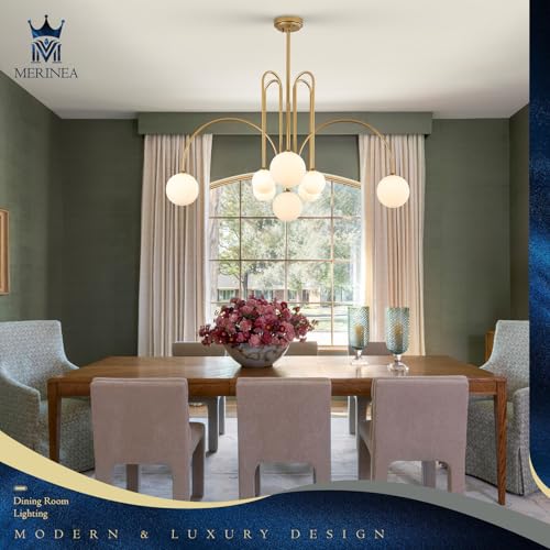 Gold Sputnik Chandelier with Milk Glass Globe 8 Lights L41 Inch