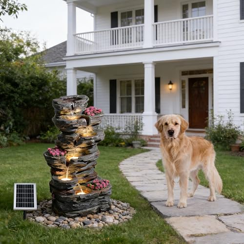 32.7" Tall Rock Solar Powered Water Fountain with LED Lights