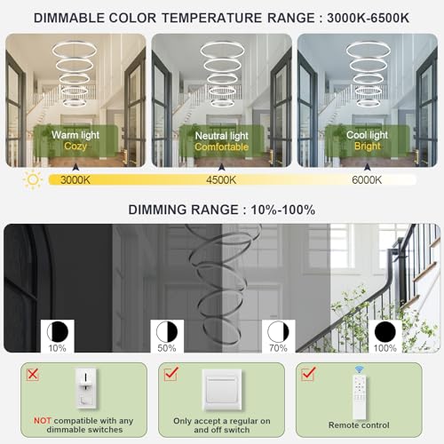 5 Rings Modern LED Chandelier Silver High Ceiling Chandelier with Remote Control Dimmable Pendant Lighting for Dining Room Foyer Living Room Entryway Staircase