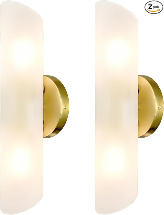 DAYCENT Modern Brass Wall Sconces Set of Two Frosted Glass Wall Light Fixture 2-Light Cylinder Bathroom Vanity Lights Gold Glass Sconces Wall Lighting for Hallway Bedroom Staircase - Aura Lighting