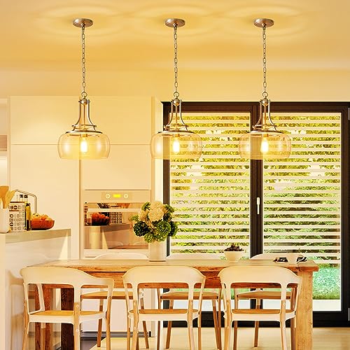 Chandelier Rustic Farmhouse Industrial Round Ceiling Pendant LED Light Fixture Clear Seeded Glass Shade for Dining Room Kitchen Island Foyer Entryway