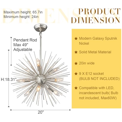 20in 9 Lights Nickel Sputnik Chandelier Mid