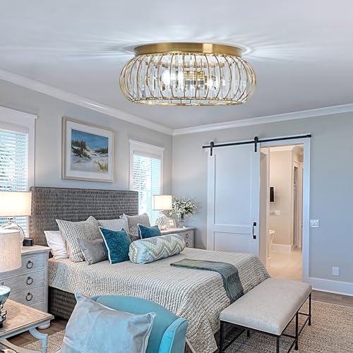 Crystal Flush Mount Ceiling Light Fixtures Modern Gold Ceiling Light 3 Light Ceiling Chandelier for Hallway Bedroom Bathroom Foyer Living Room Dining Room Kitchen