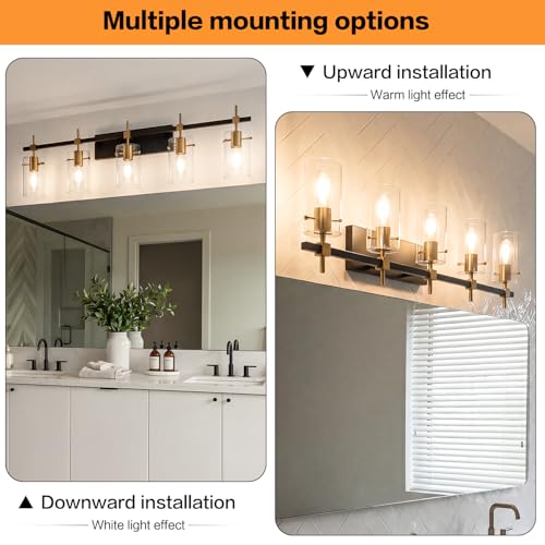 40.1 inch Vintage Brass Bathroom Vanity Light fixtures Bathroom Wall Lights Over Mirror with Glass Shade 5 Light