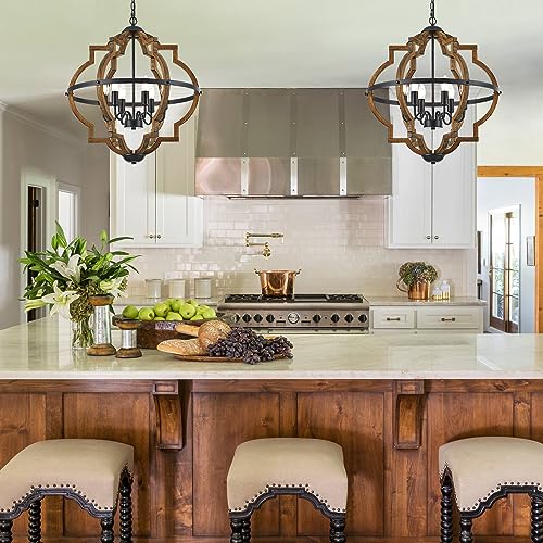 22.83" 6 Light Brown Oak Wood Drum Pendant Light for Dining Room