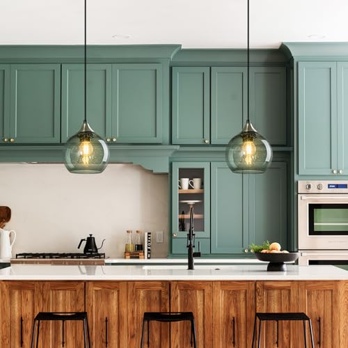 Gray Green Glass Pendant Lights Kitchen Island Lighting Globe Pendant Light Fixtures Modern Pendant Lighting for Kitchen Island Bedroom Living Dining Room Light Fixture (3 Count)