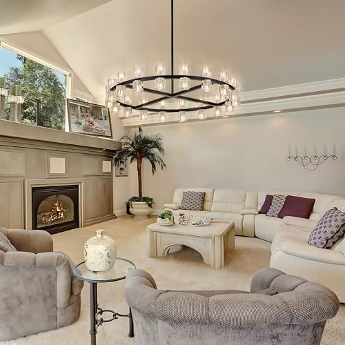 36 Inch Black Wagon Wheel Chandelier with Crystal Shades