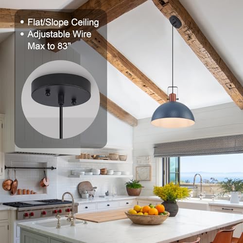16 Inch Blue Pendant Lights Hammered Matte Pendant Lights for Kitchen Island Industrial Farmhouse Adjustable Height Dome Hanging Light Fixtures for Barn (2 Count)