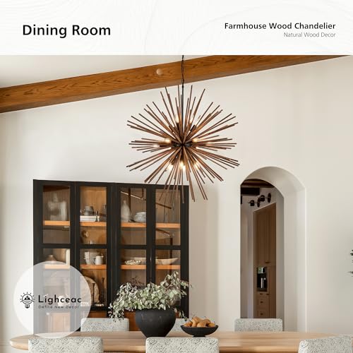 37.4" Farmhouse Sputnik Chandelier for Dining Room Rustic Handmade Natural Wood 18