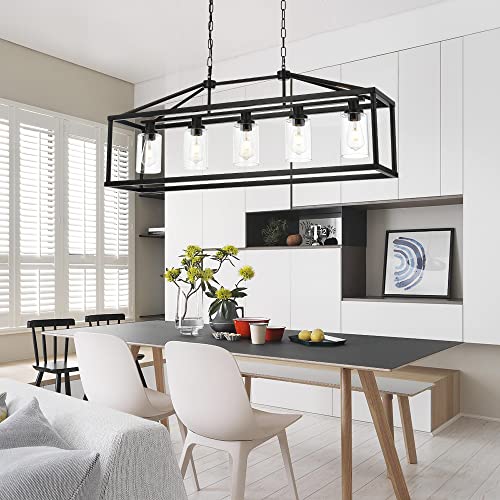 Kitchen Island Lighting 5 Light Modern Farmhouse Metal Cage Chandeliers with Clear Glass Shade Black Industrial Rectangle Dining Room Light Fixture Hanging Pendant Lamp for Foyer Bar Entryway
