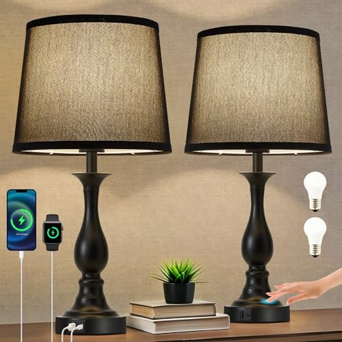 Bedside Table Lamp Touch Control Bedroom Lamps with USB A + C Charging Port 3 Way Dimmable Touch Lamps for Nightstand Living Room Bedroom Dorm Home Office Reading (2 Count)