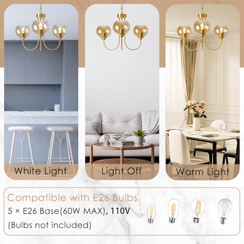 Mid Century Modern Globe Chandelier 3 Light Amber Glass Vintage Sputnik Chandeliers Gold Pendant Light Fixtures for Dining Room Kitchen Living Room Bedroom
