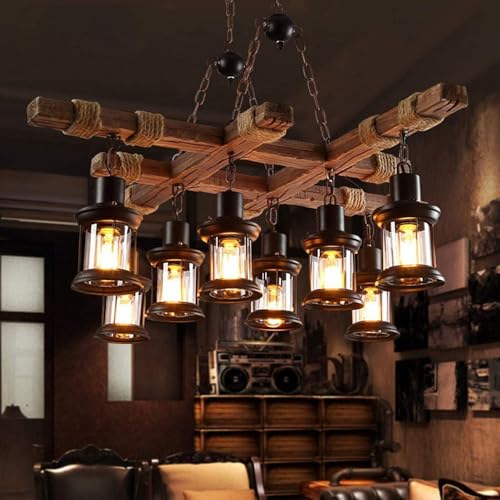 8 Lights Industrial Retro Wooden Chandelier Pendant Light Island Hanging Ceiling Fixture Vintage Farmhouse Wood Light Adjustable Chain for Home Cafe Bar Restaurant
