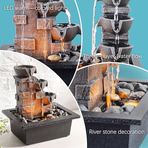 3 Tier Stone Wall Tabletop Water Fountain with Natural River Rocks