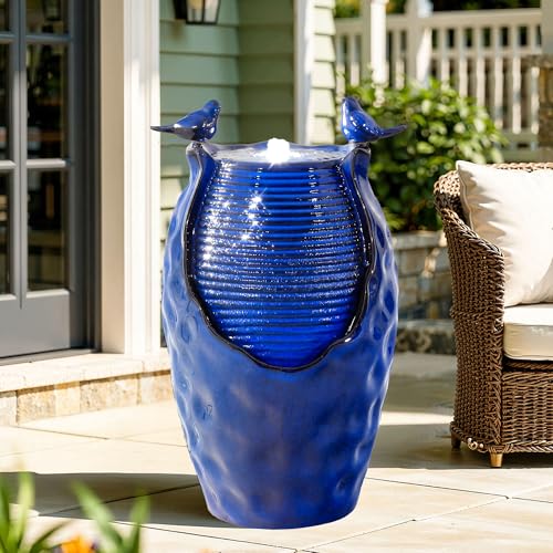 Autodaya 25" Ceramic Jar Outdoor Water Fountain with Hammered Texture