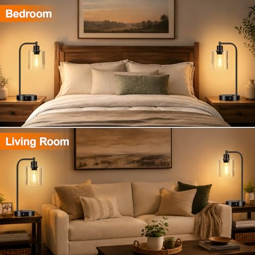 Set of 2 Industrial Touch Control Table Lamps with USB C+A Ports and AC Outlet (2 Count)