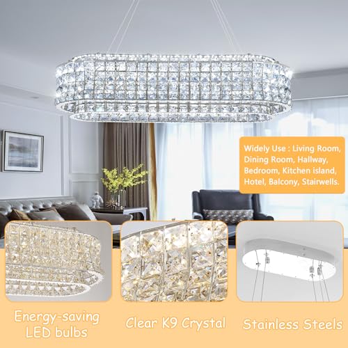 L32 x W12 Modern Chandeliers for Dining Room LED Dimmable Pendant Lighting Ceiling Chandelier Crystal Rectangle Light Fixtures Silver