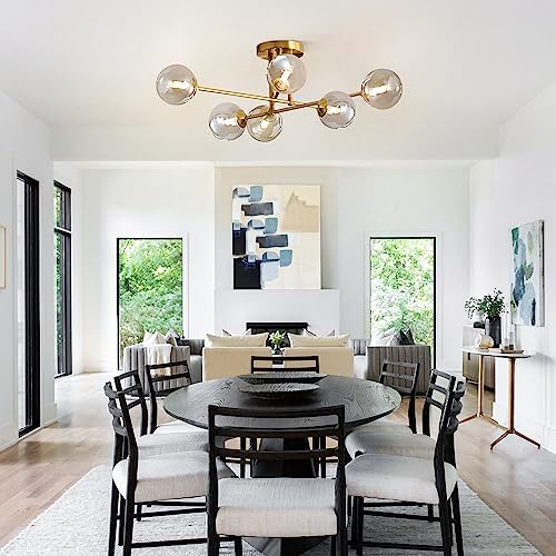 Modern 6 Lights Globe Sputnik Flush Mount Ceiling Light Fixture Mid Century Gold Metal Semi Flush Mount Ceiling Light Farmhouse Smoke Gray Glass Bedroom Ceiling Lamp