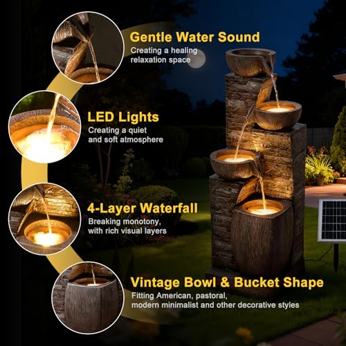 Solar Water Fountain Outdoor Garden 4 Tiers Stone Texture Modern Fountains