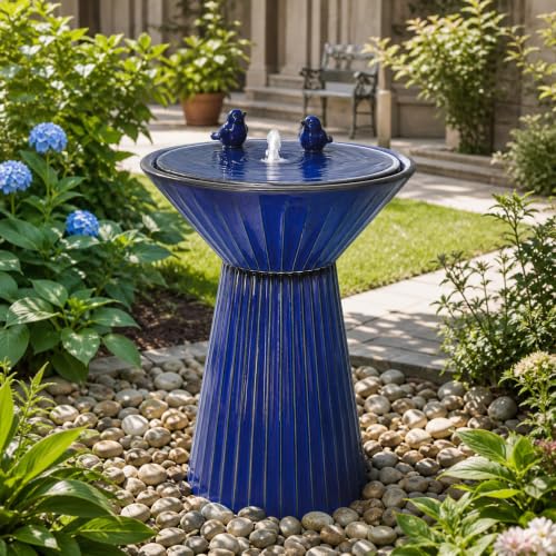 Autodaya 28" Ceramic Outdoor Water Fountain LED Birdbath