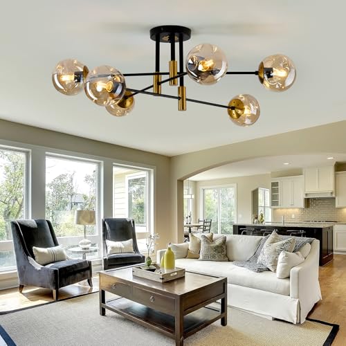 6 Lights Sputnik Ceiling Light Fixture Mid Century Modern Glass Globe Flush Mount Chandelier Black and Gold Farmhouse Lighting for Living Room Dining Room Bedroom Kitchen