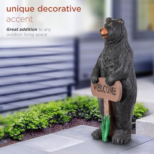 36" Tall Outdoor Standing Black Bear with Welcome Sign Yard Statue Decoration