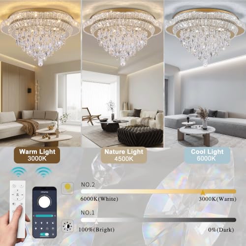 24" Gold Crystal Flush Mount Chandelier Modern LED Ceiling Light Fixture