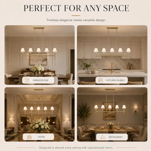 5 Light Brass Modern Linear Chandelier with Fabric Shade for Kitchen Island