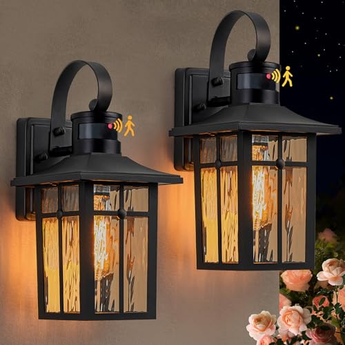 Aluminum Motion Sensor Outdoor Wall Sconces with Ripple Glass (2 Count)
