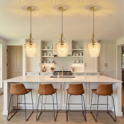 Stripes Amber Glass Pendant Light for Kitchen Island Gold 8 Inch 1 Pack
