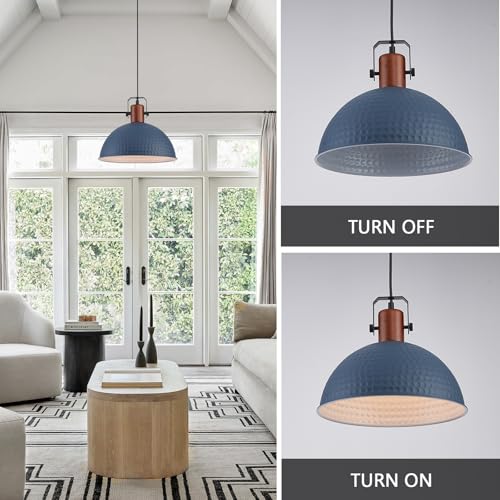 12 Inch Blue Pendant Lights Hammered Matte Pendant Lights for Kitchen Island Industrial Farmhouse Adjustable Height Dome Hanging Light Fixtures for Barn (3 Count)