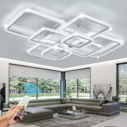 41.3in Modern LED Ceiling Light Fixture Dimmable Crystal Flush Mount Led Ceiling Lights 8 Square Frame with Remote Ceiling Lamps for Living Room Kitchen Bedroom
