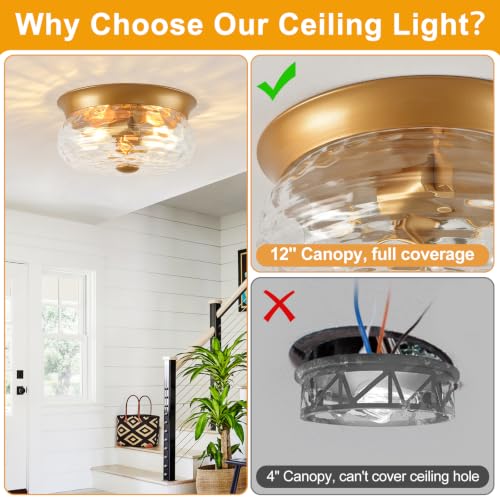 Gold Flush Mount Ceiling Light Fixtures (Gold-Clear Hammered Glass(No Assembly Required))