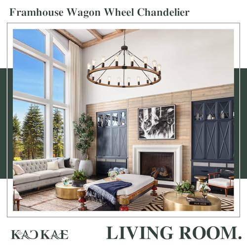 Farmhouse Wagon Wheel Chandelier 47" Oak Wood Chandelier Light Fixture 18