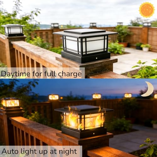 4x4 Solar Post Cap Lights Outdoor with Flickering Flame Light (6 Count)