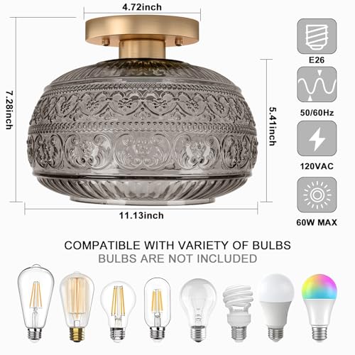 11" Gold Hallway Ceiling Light Fixture with Grey Glass for Hall Entry Way