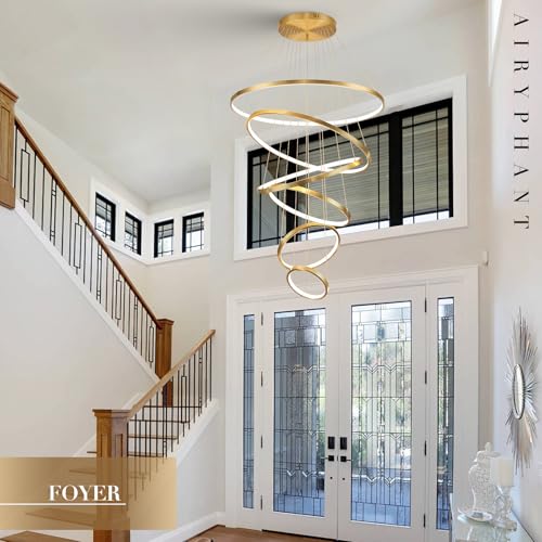 Modern 31" Big LED Chandeliers for High Ceiling 6 Rings Gold Chandeliers with Remote Control Dimmable Large Contemporary Ceiling Pendant Light for Foyer Living Room 3000K (6 Count)