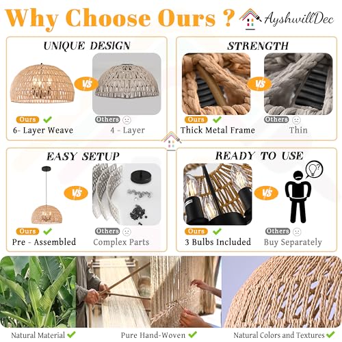 17.6 inch Hemp Rope Woven Pendant Light Wicker Pendant Light 3