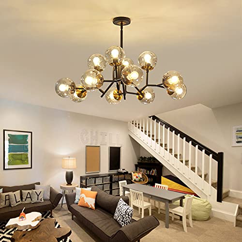 12-Light Mid-Century Modern Black Sputnik Chandelier with Glass Globe