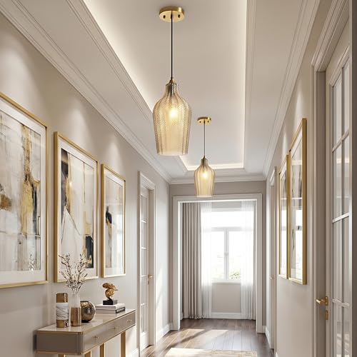 Amber Glass Pendant Lights Kitchen Island Gold Hanging Ceiling Light 6.7"