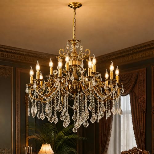 Vintage 10 Arms Crystal Chandelier Candle Light Fixture for Dining Room Living Room Bedroom Hallway Entryway Antique Gold Finish