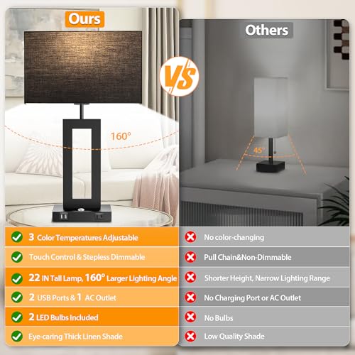 3 Color Temperatures Black Table Lamps for Bedrooms Set of 2 (2 Count)