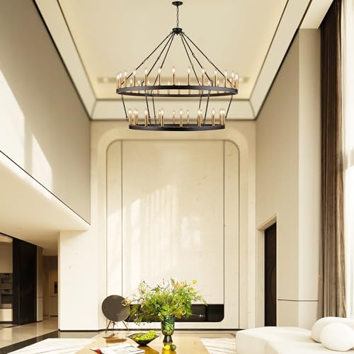 Rustic Farmhouse Wagon Wheel Chandelier Black+Brushed Brass Large Chandeliers for High Ceilings 2 Tier 48 Lights 55 Inch for Dining Room Living Room Foyer Porch Kitchen Island