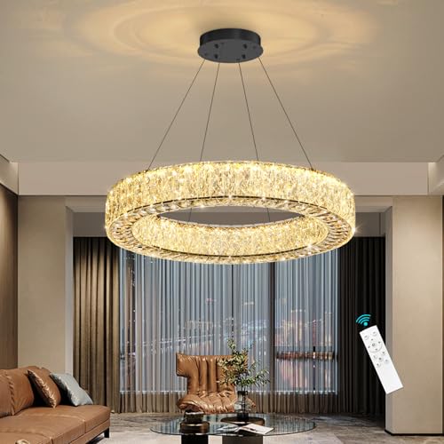 Modern Round Crystal Chandelier Remote Dimmable Ceiling Light Fixture for Dining Room Living Room Kitchen Island Black