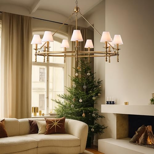 9 Lights W47 inch Vintage Brass and White Pleated Fabric Chandeliers for Dining Room Mid Century Modern Large Round Chandeliers Classic Wagon Wheel Pendant Light for Living Room