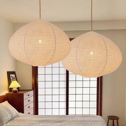 2PCS Hanging Lamp shade oval Can replace White Paper Lanterns 20INCH Linen Pendant Lampshade Handmade Hanging Lantern Minimalist White Suitable for the Living room Bedroom Kitchen (2 Count)
