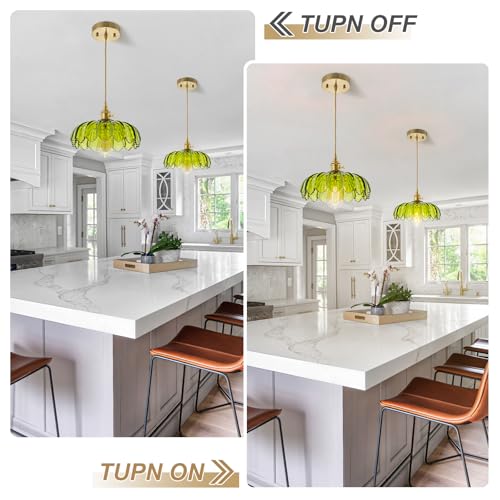 EDSILIVE Vintage Flower Glass Pendant Lights Kitchen Island 9.84" Antique Flower Green Glass Hanging Ceiling Light Fixture with Adjustable Brass Twine Wire for Dining Room Kitchen Table
