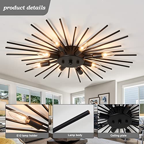 Semi Flush Mount 8 Light Ceiling Light Modern Metal Ceiling Lighting Black Light Fixture for Farmhouse Kitchen Dining Room Bedroom Hallway Living Room