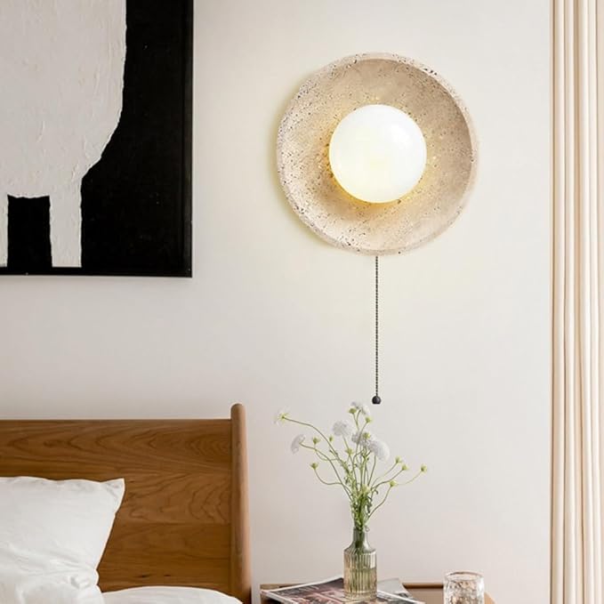 Japanese Wabi-Sabi Style Marble Wall Sconce, Retro Round Wall Light Yellow Travertine Indoor Wall Lamp, Natural Stone Wall Mounted Lamps with Pull Switch for Bedroom Living Room